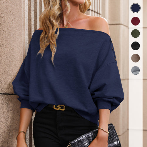 Damen lässiges Off-Shoulder Sweatshirt mit modischen Druckknöpfen Drune