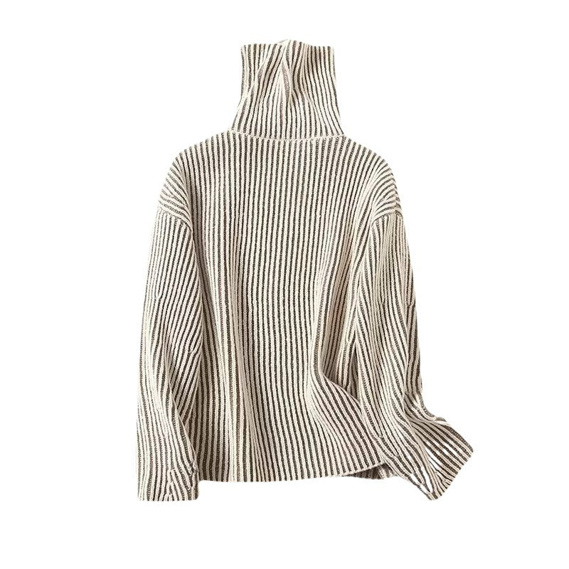 Damen gemütlicher Strickpullover mit hohem Kragen und modernen Streifen Drune