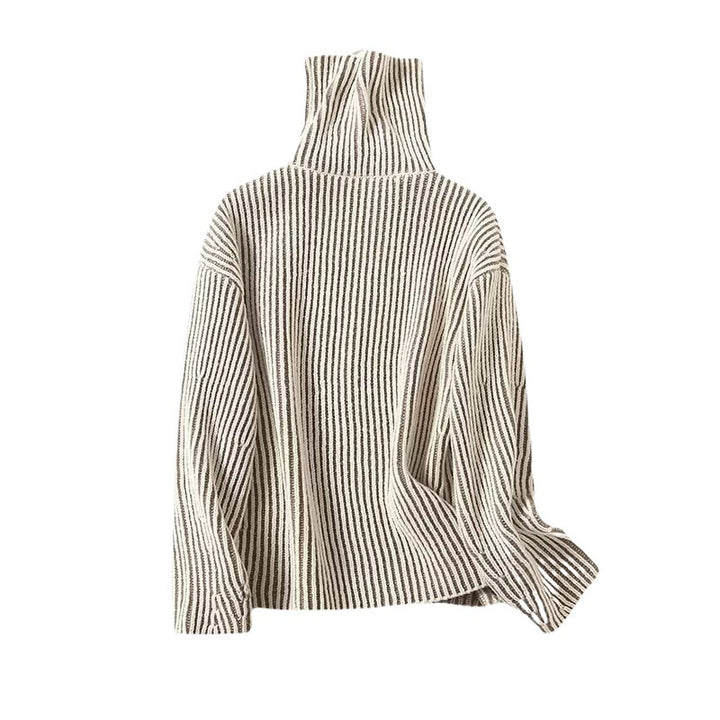 Damen gemütlicher Strickpullover mit hohem Kragen und modernen Streifen Drune