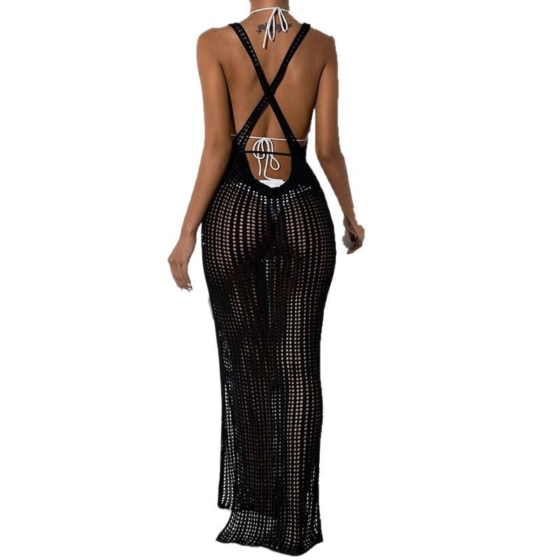 Damen Häkel-Maxikleid mit tiefem Schlitz und eleganten Details Drune