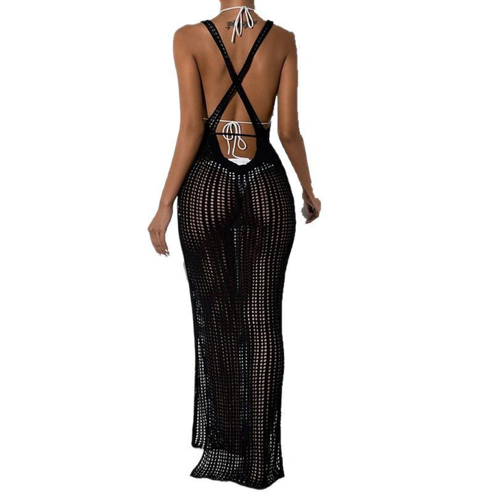 Damen Häkel-Maxikleid mit tiefem Schlitz und eleganten Details Drune
