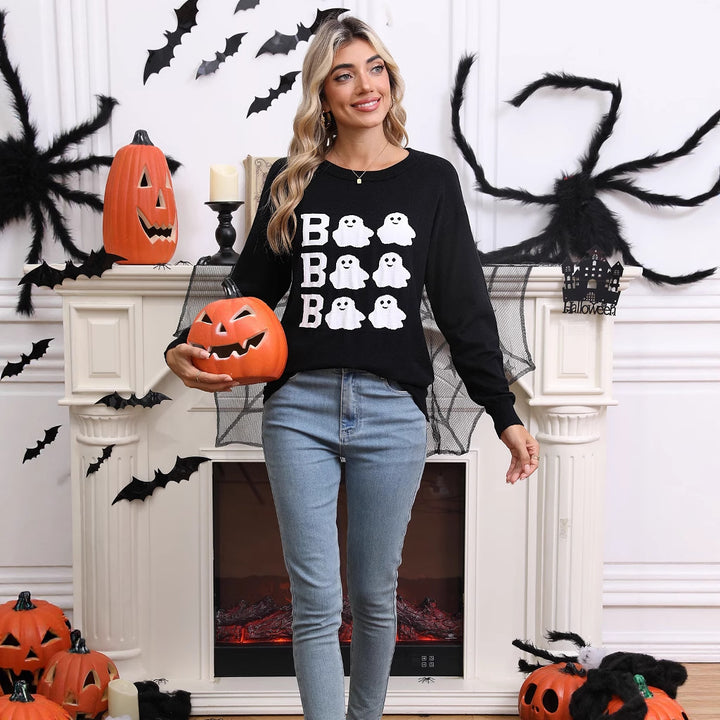 Damen Gestrickter Halloween-Pullover mit Geistermotiv und weitem Schnitt Drune