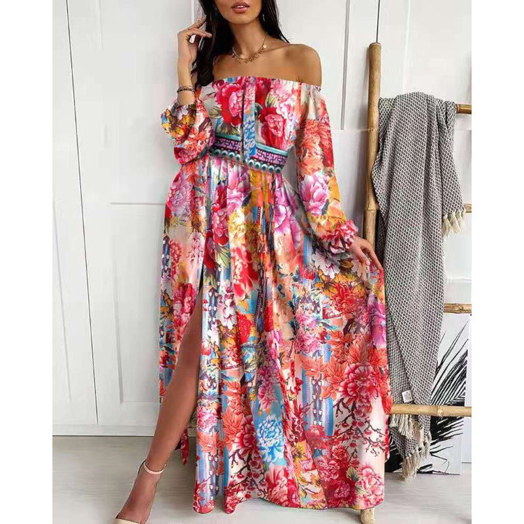 Damen Maxikleid mit schulterfreiem Design und elegantem Print Drune
