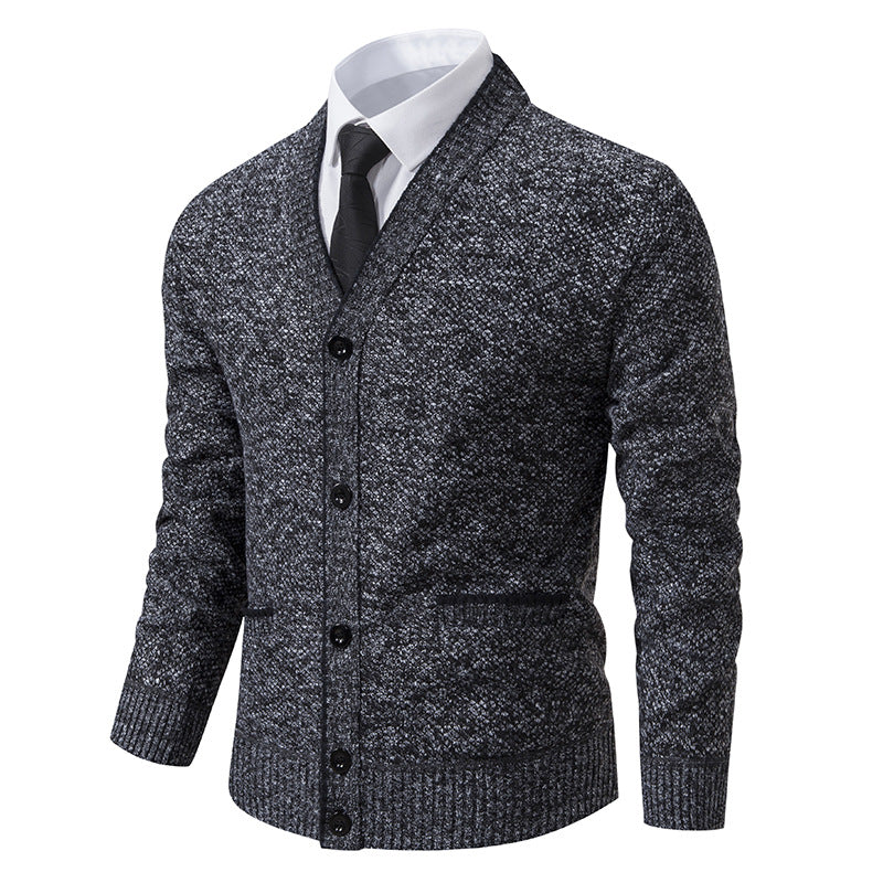 Herren nan melierter Strukturstrick-Cardigan mit V-Ausschnitt, Kontrastkanten und aufgesetzten Taschen Drune