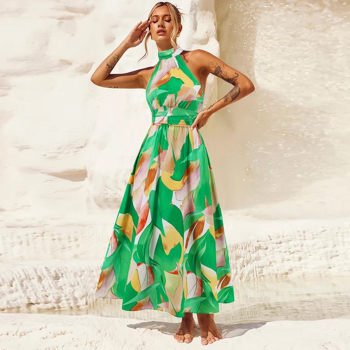 Damen Maxikleid mit hochgeschlossenem Kragen und buntem Blätterdruck Drune