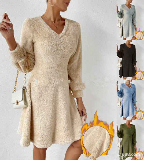 Damen Flauschiges V-Ausschnitt Kleid mit langen Ärmeln Drune