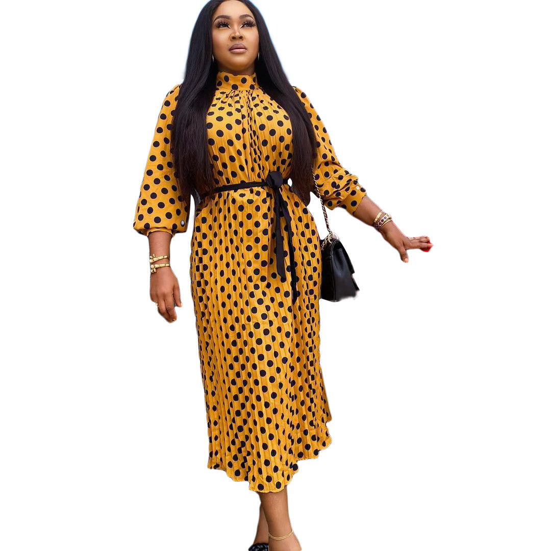 Damen Maxikleid mit elegantem Stehkragen und Taillengürtel Drune