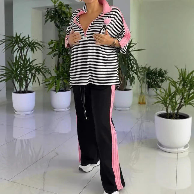 Damen nan lässiges zweiteiliges Polo-Lounge-Set mit Oversize-Streifen, Pompom-Applikation und kontrastierenden Seitenbahnen Drune