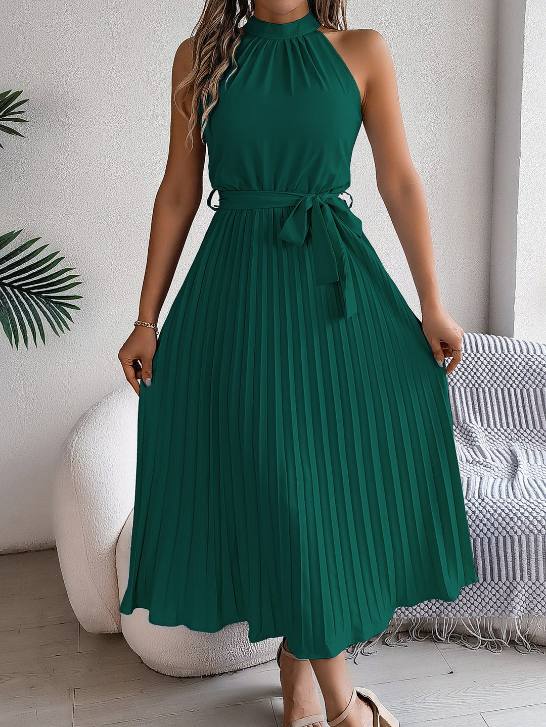 Drune | Frühling Elegante Stehkragen Taille-betonte Falten Maxi Kleid