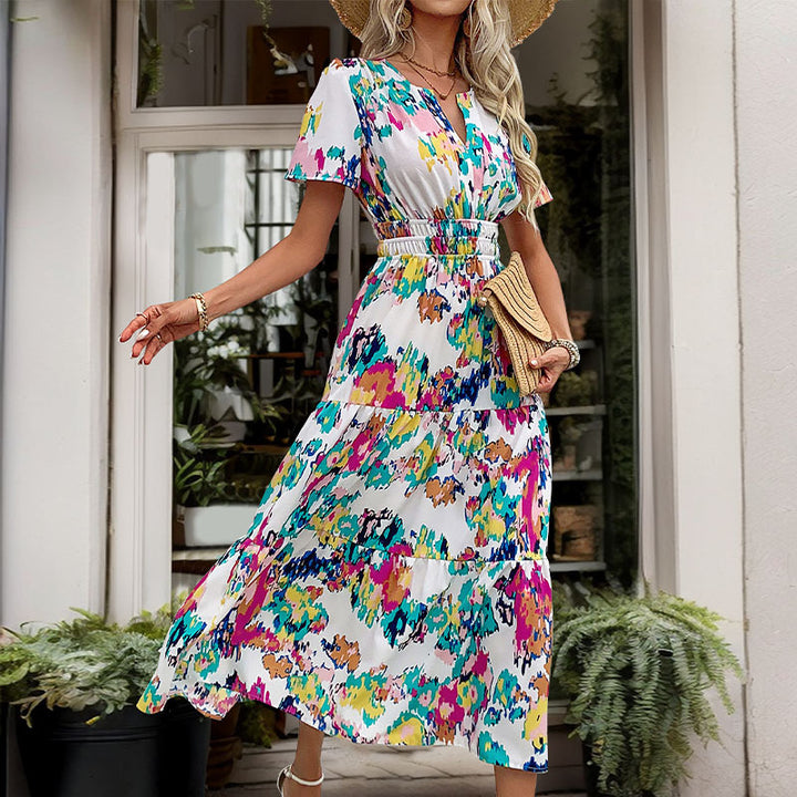 Damen Maxi-Wickelkleid mit elastischem Taillengürtel und verspieltem Farbdesign Drune