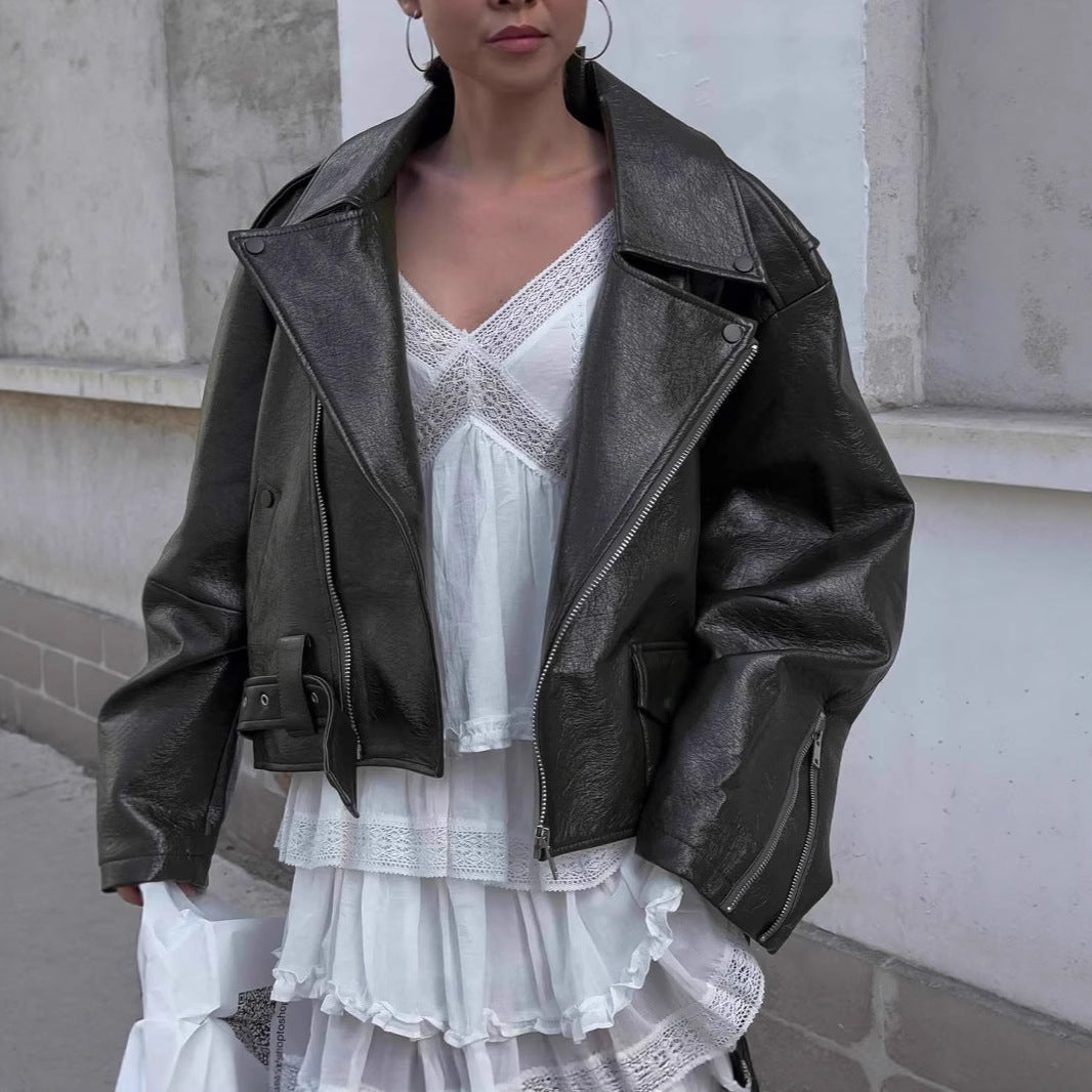 Damen Oversized Kunstlederjacke mit asymmetrischem Reißverschluss Drune