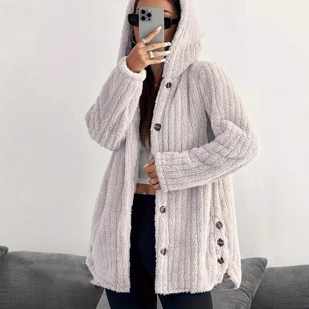 Damen kuschelige Fleecejacke mit Kapuze und Knopfverschluss Drune