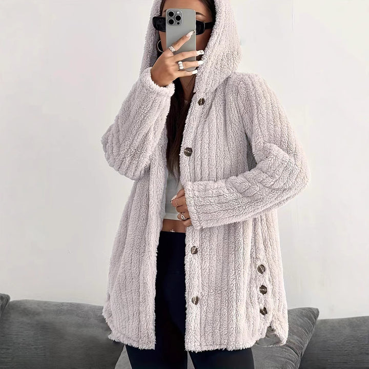Damen kuschelige Fleecejacke mit Kapuze und Knopfverschluss Drune