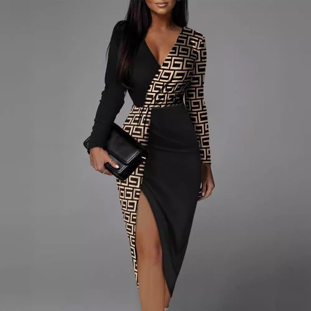 Damen Figurnahes Wickelkleid mit grafischem Muster und hohem Schlitz Drune