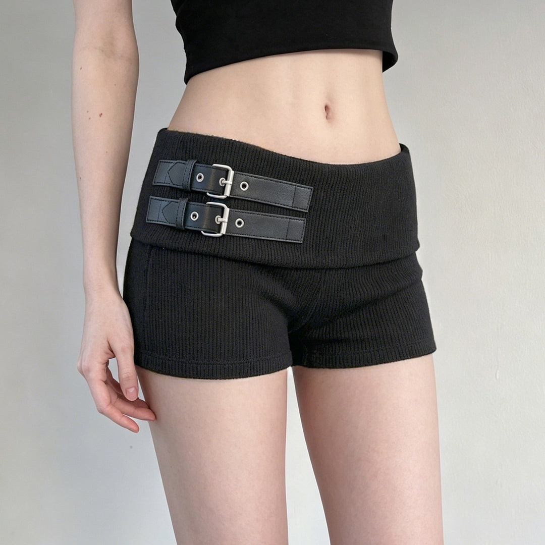Damen Shorts mit breitem Bund und dekorativen Schnallen Drune