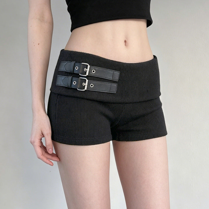 Damen Shorts mit breitem Bund und dekorativen Schnallen Drune
