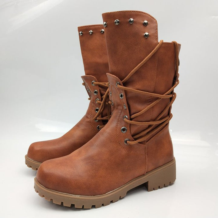 Damen nan robuste Worker-Boots mit dekorativer Wickelschnürung, Metallösen und profilierter Gummilaufsohle Drune
