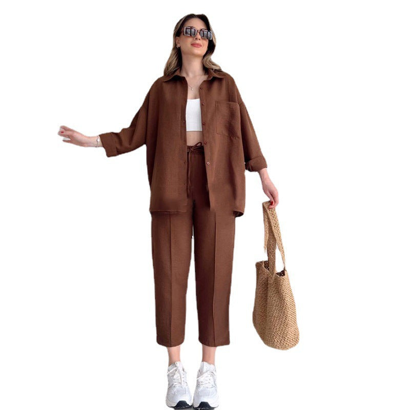 Damen lässige Loungewear-Kombination mit leichtem Leinenhemd und elastischer Hose Drune