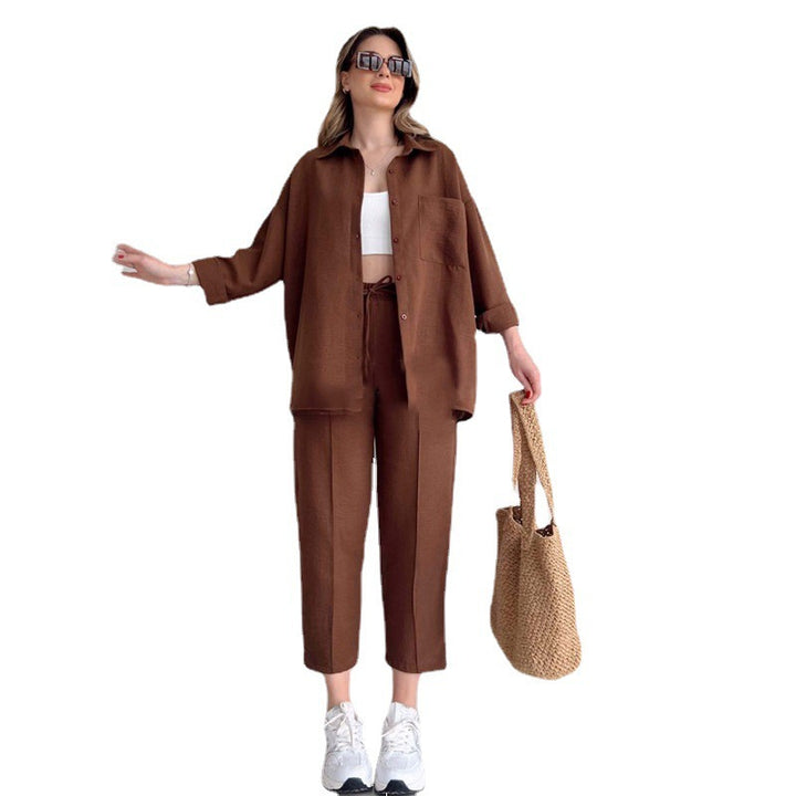 Damen lässige Loungewear-Kombination mit leichtem Leinenhemd und elastischer Hose Drune