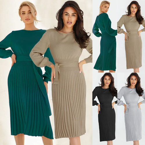 Damen Strickkleid mit taillierbarem Gürtel und langen Ärmeln Drune