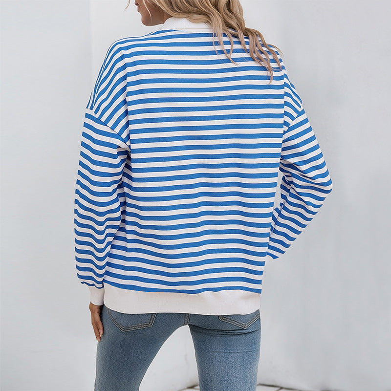 Damen gestreiftes Sweatshirt mit innovativer Kapuze und sportlichem Kragen Drune