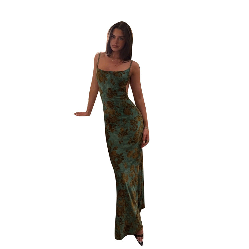 Damen elegantes Maxikleid mit tiefem Rückenausschnitt und floralem Muster Drune