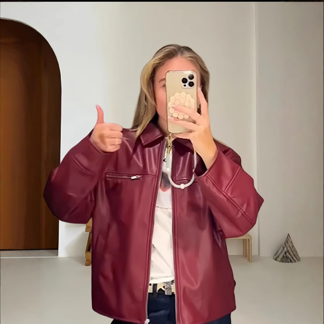 Damen modische lässige Lederjacke mit asymmetrischen Reißverschlüssen Drune