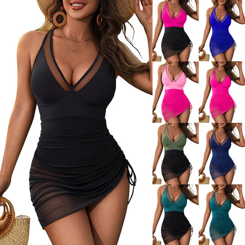 Damen Figurumspielendes Badekleid mit Raffungen und sexy V-Ausschnitt Drune
