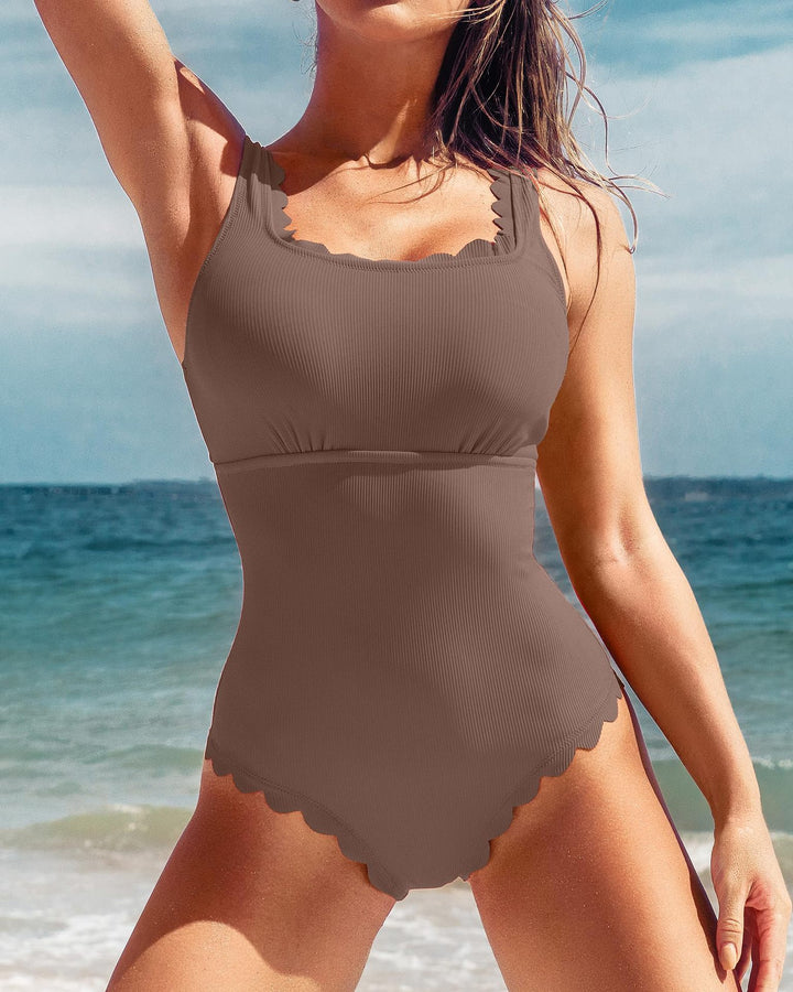 Damen Eleganter Einteiler Badeanzug mit Wellenkante und elastischem Bund Drune