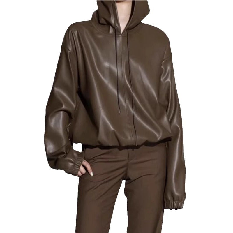 Damen lässige Kunstlederjacke mit Kapuze Drune