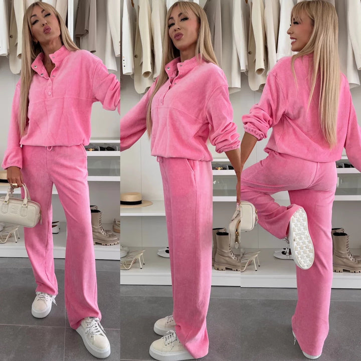 Damen bequemer Fleece-Loungewear-Anzug mit Knopfdetails Drune