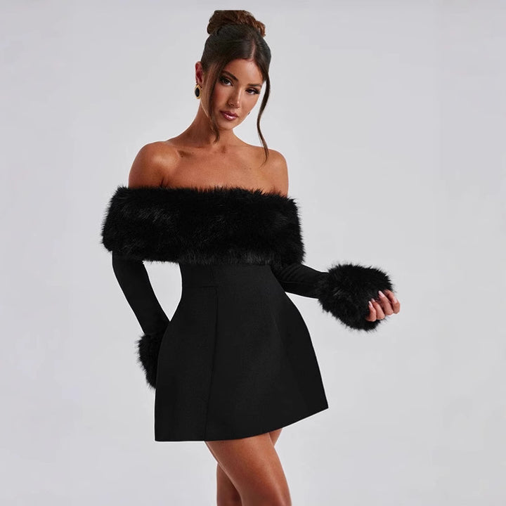 Damen Off-Shoulder Cocktailkleid mit eleganten Flauschesäumen Drune