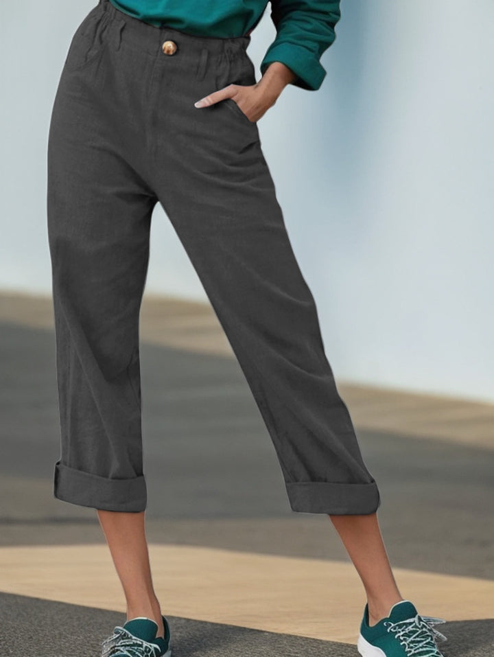 Damen Elegante Leinenhose mit breitem Bein und umschlagenem Saum Drune