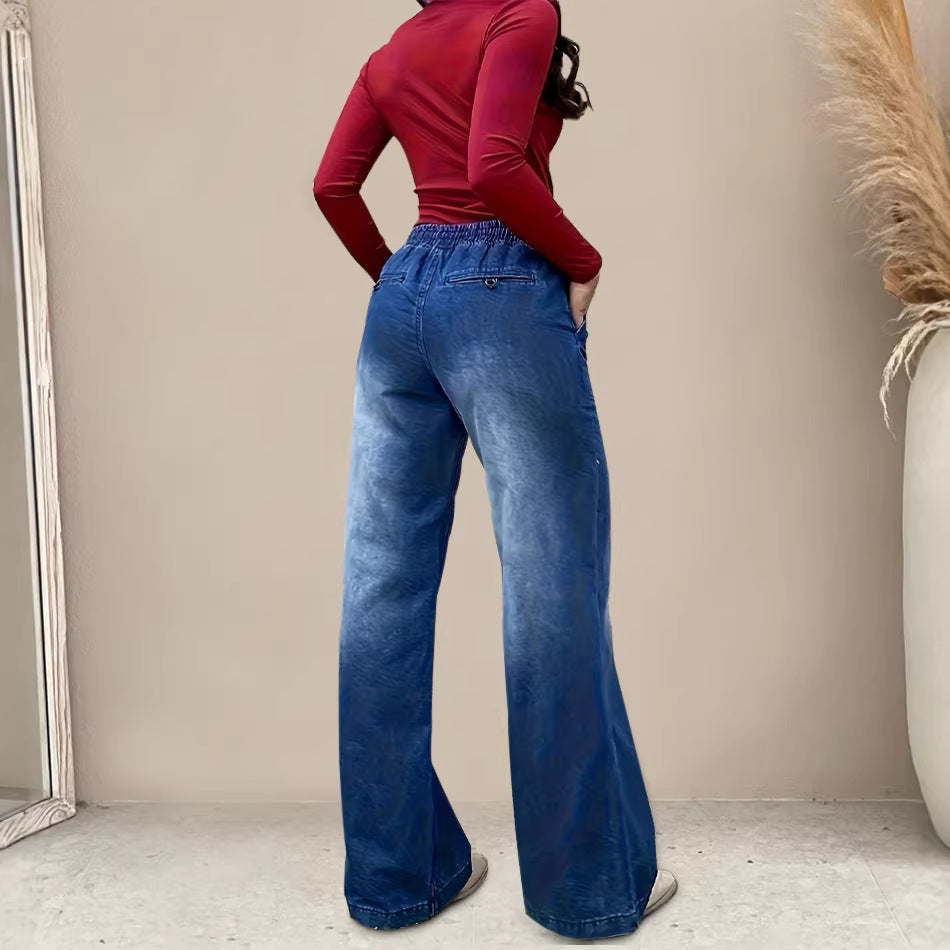 Damen Weit geschnittene Jeanshose mit elastischem Bund und modischem Used-Look Drune