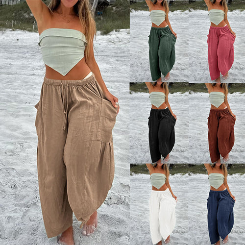 Damen weite und bequeme Sommerhose mit elastischem Bund und praktischen Taschen Drune