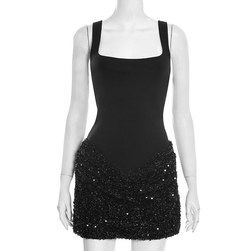 Damen elegantes Paillettenkleid mit tiefem V-Ausschnitt und figurschmeichelndem Design Drune