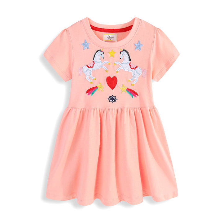 Mädchen Sommerkleid mit buntem Einhornmotiv und fröhlichen Applikationen Drune