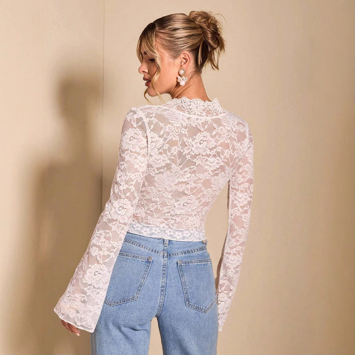 Damen nan transparente Spitzenbluse mit V-Ausschnitt, tailliert und Trompetenärmeln Drune