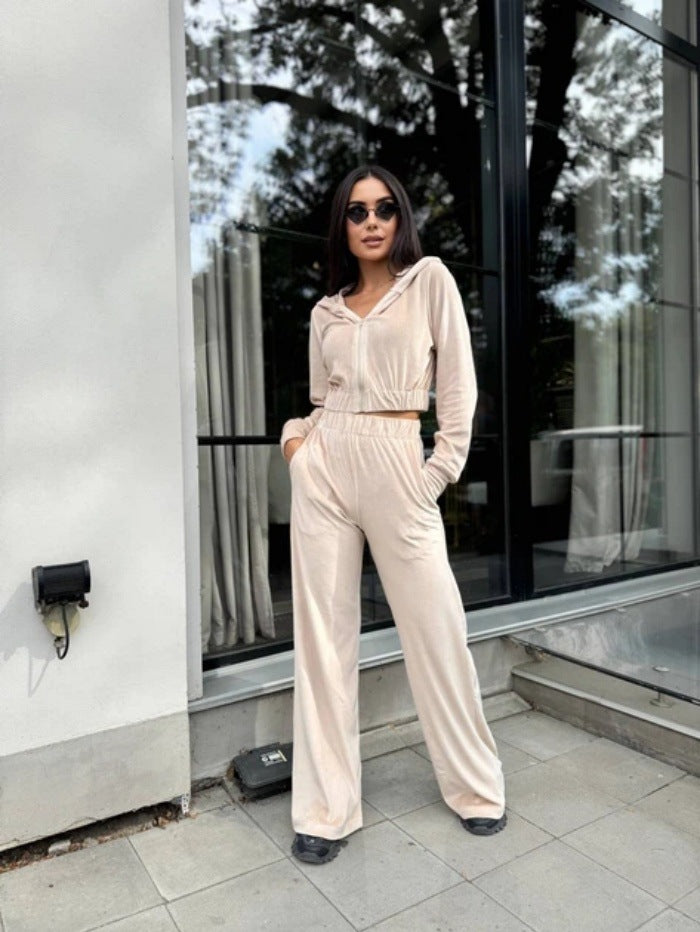 Damen Sportliches Velours-Loungewear-Set mit Kapuze und elastischem Bund Drune