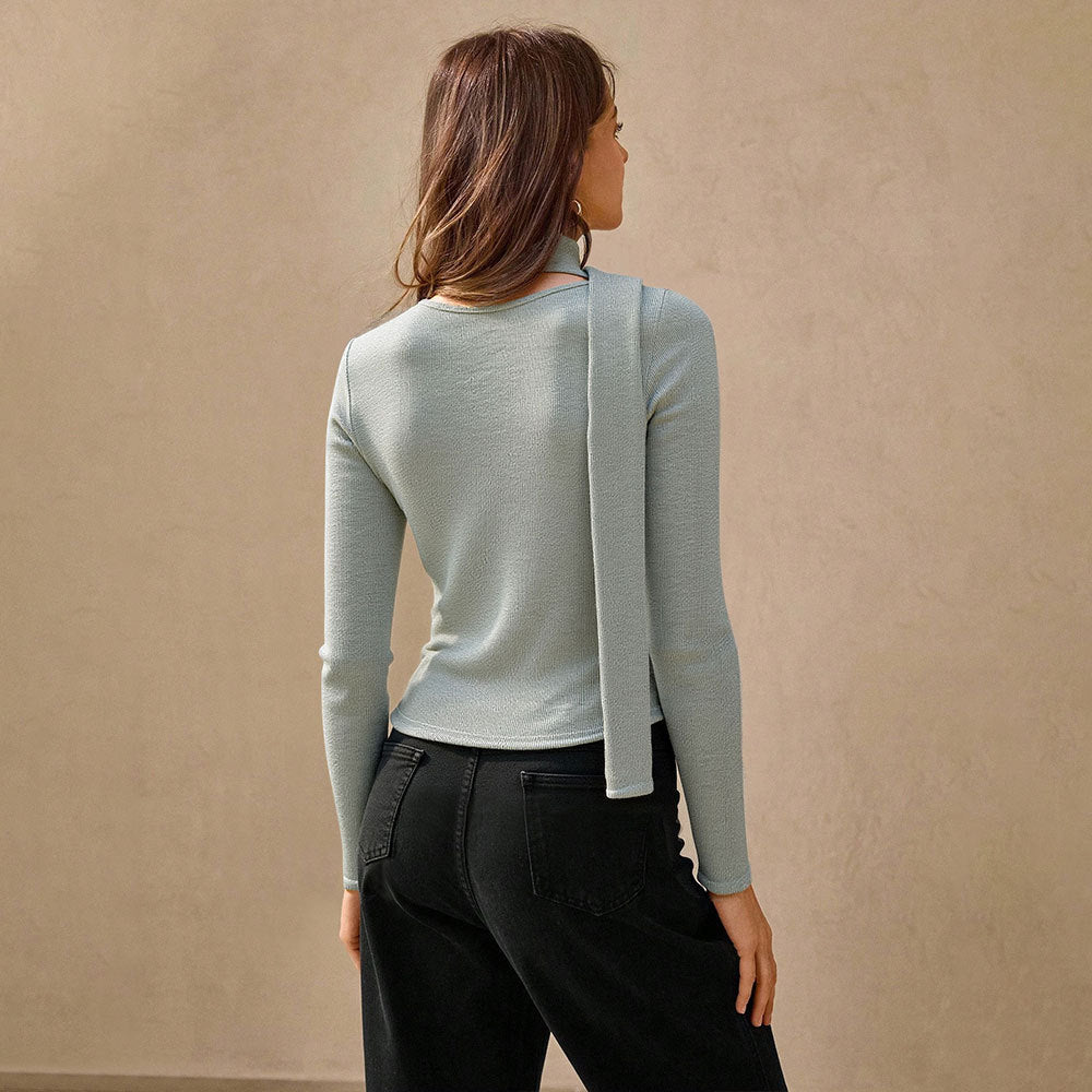 Damen Langarmshirt mit knöpfbarem V-Ausschnitt und modischem Schlaufen-Detail Drune