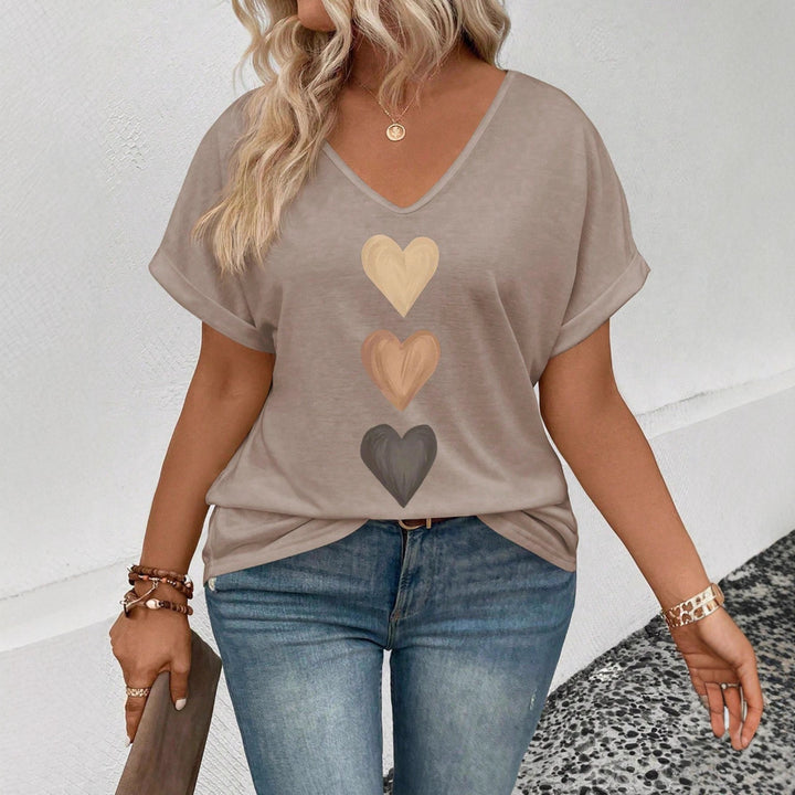 Damen lässiges V-Ausschnitt T-Shirt mit Herz-Zierdruck Drune