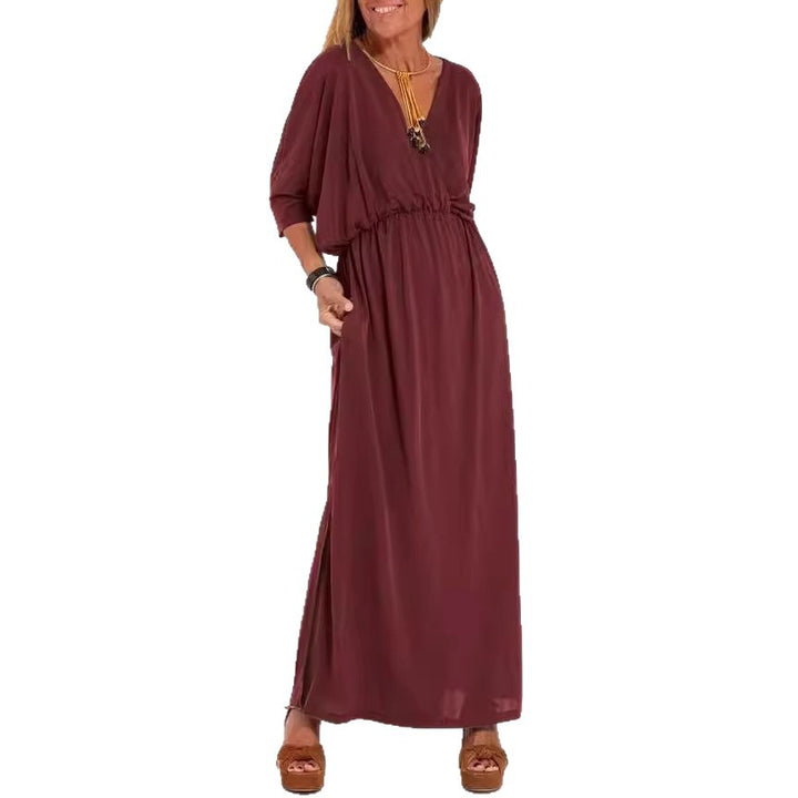 Damen elegantes Maxikleid mit seitlichem Schlitz und flexiblem Taillenbund Drune