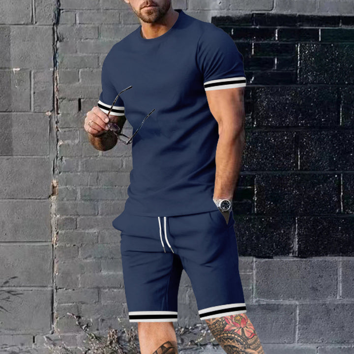Herren nan athletisches Freizeit-Set aus Baumwoll-Feinjersey mit Kontrastbündchen und Kordelbund-Kurzhose Drune