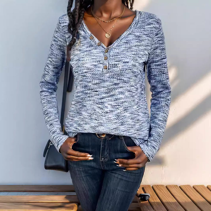Damen Langarmshirt mit strukturiertem Halsausschnitt und Knopfdetails Drune