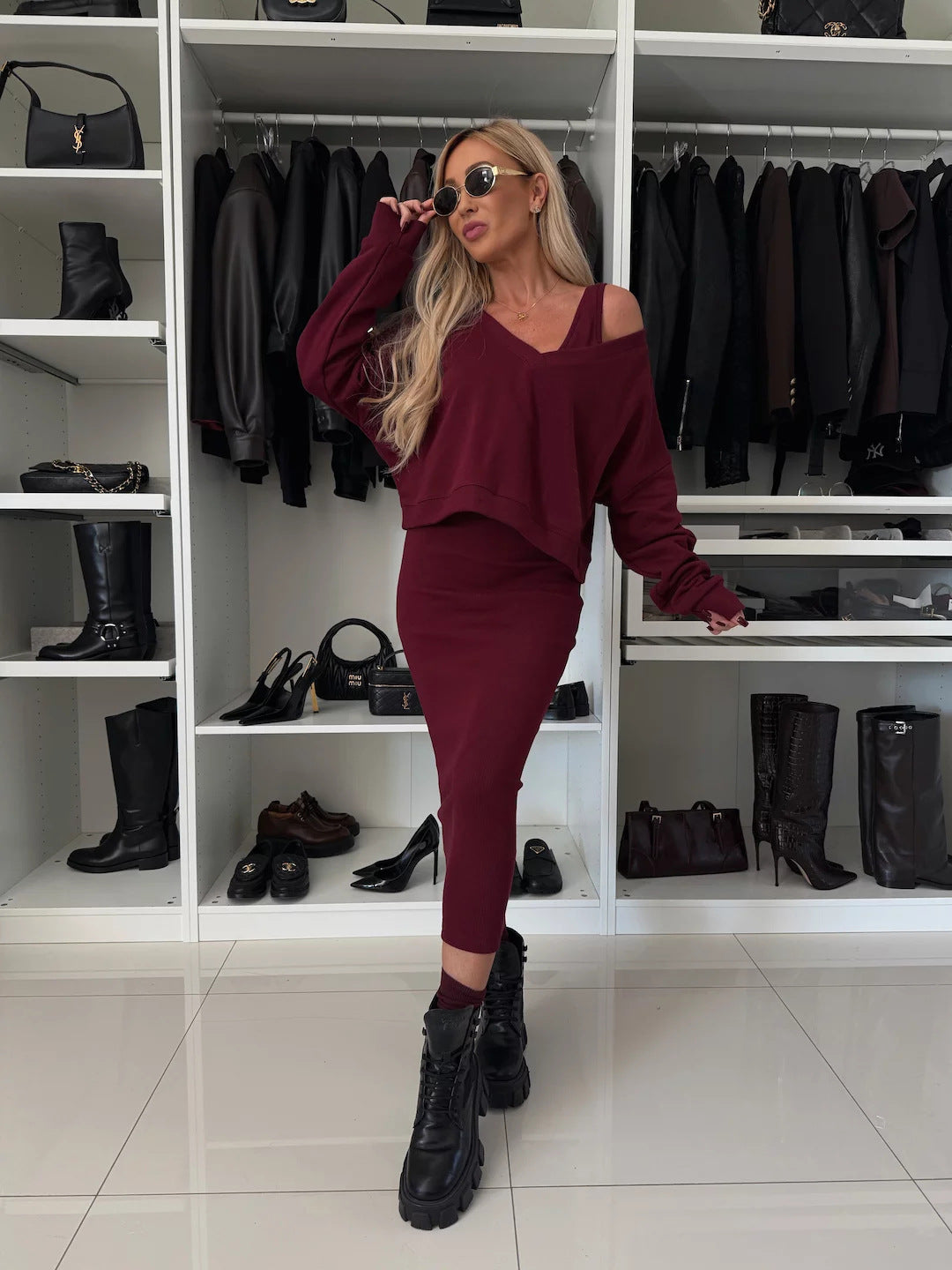 Damen modisches Strickkleid mit lässigem Crop-Oberteil und taillierter Silhouette Drune