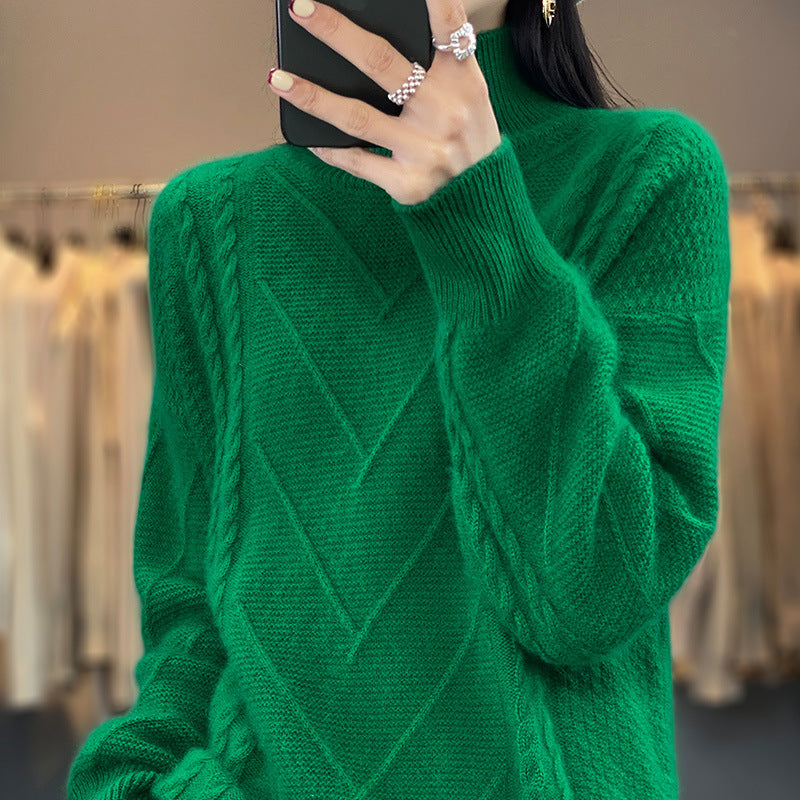 Damen Grobstrickpullover mit innovativem Zopfmuster und hohem Stehkragen Drune