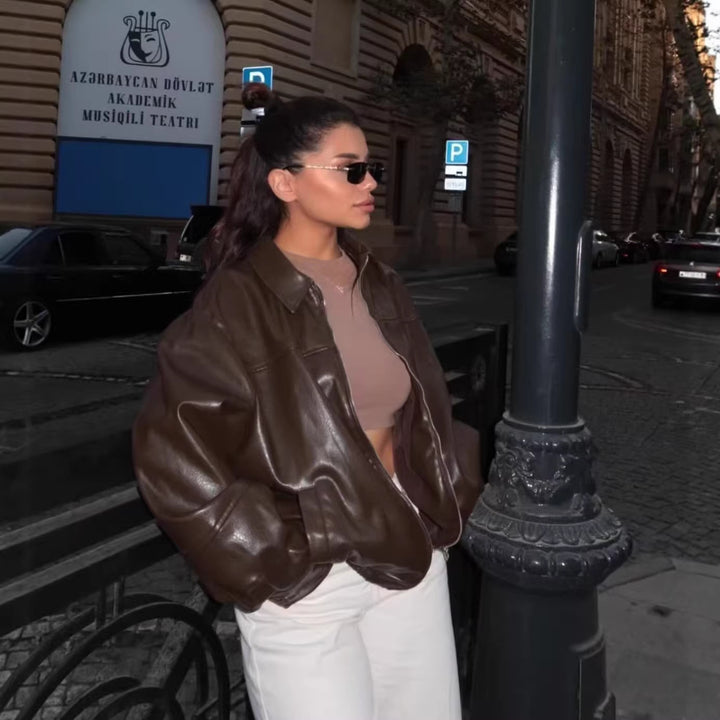 Damen nan oversized Lederjacke im Bomberstil mit Hemdkragen, durchgehendem Reißverschluss und lässiger Silhouette Drune