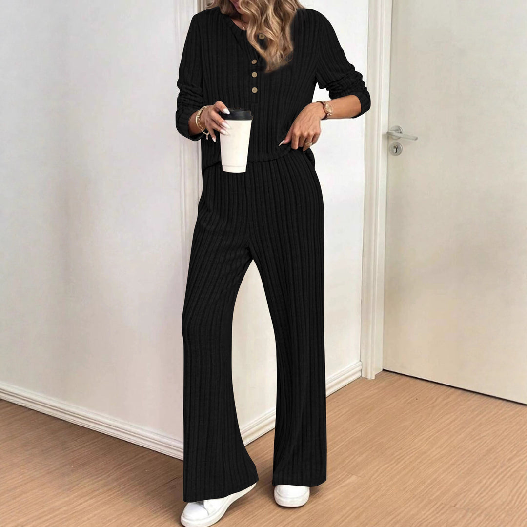 Damen lässiger Strickanzug mit modischem Rippdesign und Knopfleiste Drune