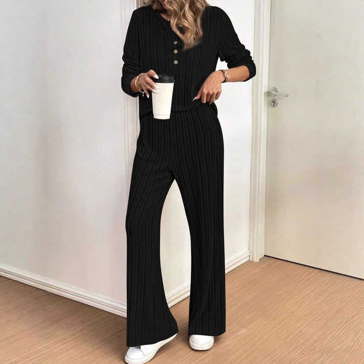 Damen lässiger Strickanzug mit modischem Rippdesign und Knopfleiste Drune