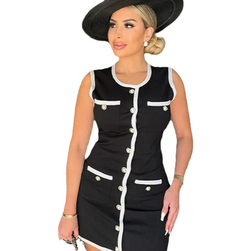 Damen figurbetontes Cocktailkleid mit kontrastierenden Taschen und eleganten Knöpfen Drune